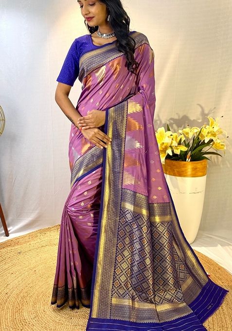 Lavender Zari Woven Kanchi Silk Saree Set