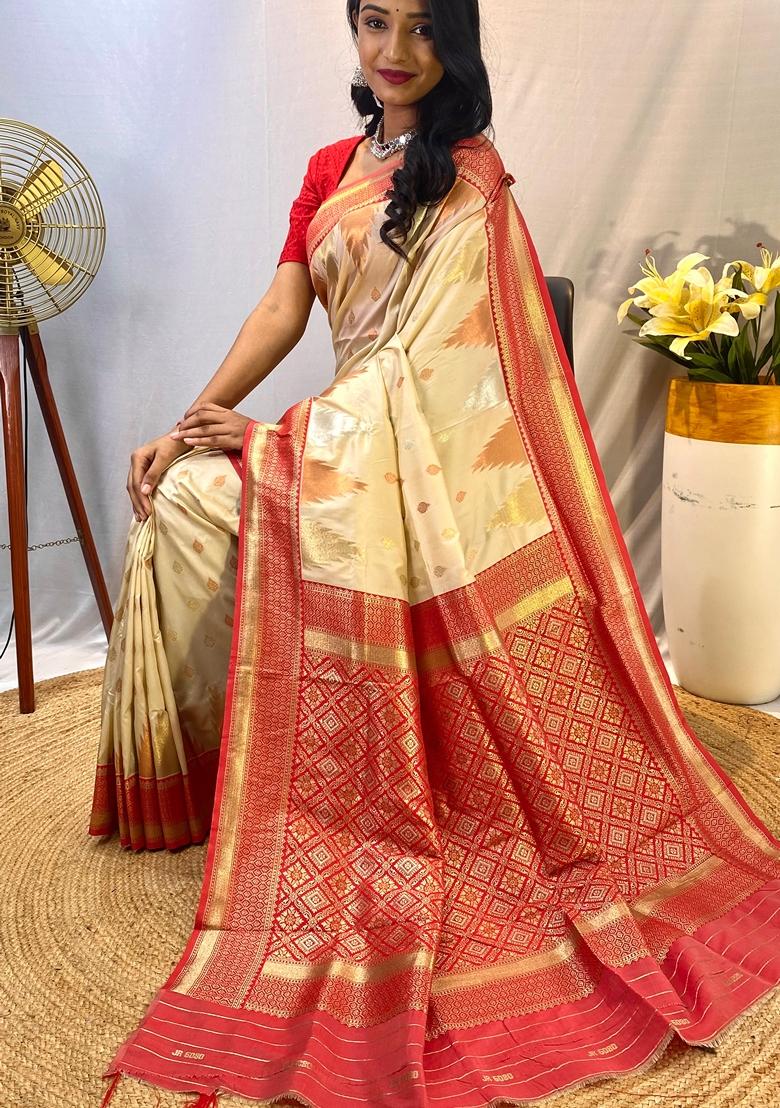 Cream Zari Woven Kanchi Silk Saree Set