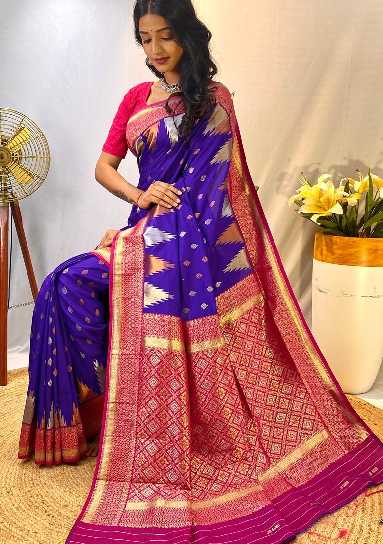 Violet Zari Woven Kanchi Silk Saree Set