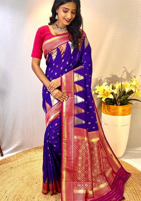 Violet Zari Woven Kanchi Silk Saree Set