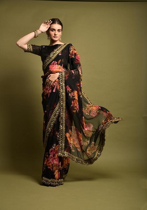 Black Aari Embroidered Georgette Saree Set