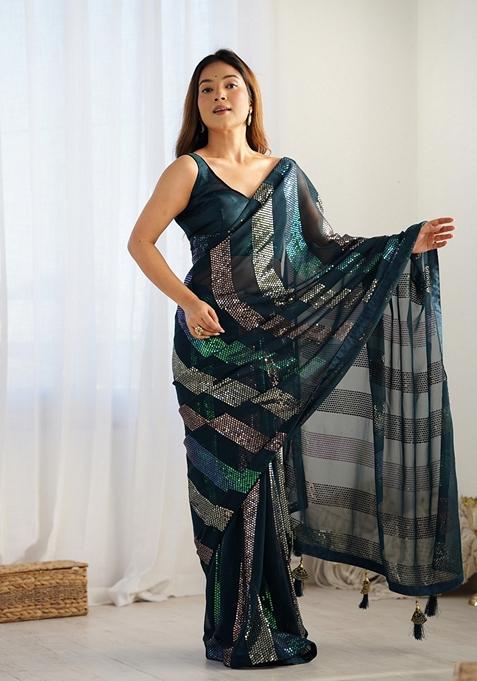 Morpeach Sequin Embroidered Georgette Saree Set