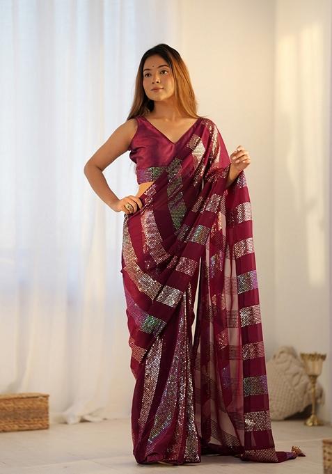 Red Sequin Embroidered Georgette Saree Set