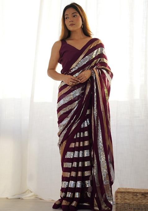 Wine Sequin Embroidered Georgette Saree Set