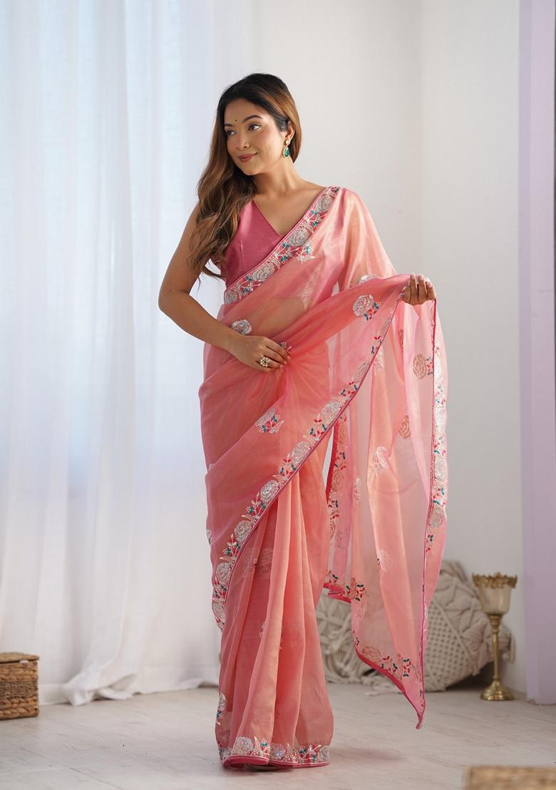 Peach Sequin Embroidered Net Saree Set