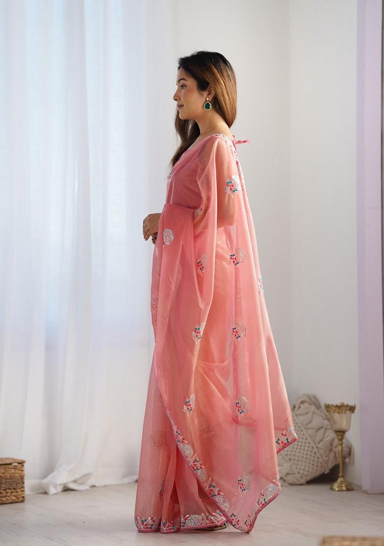 Peach Sequin Embroidered Net Saree Set