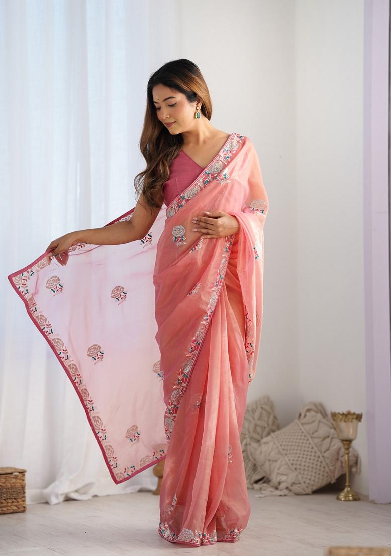 Peach Sequin Embroidered Net Saree Set