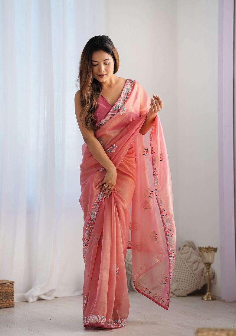 Peach Sequin Embroidered Net Saree Set