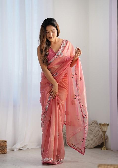 Peach Sequin Embroidered Net Saree Set