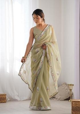 Green Sequin Embroidered Net Saree Set