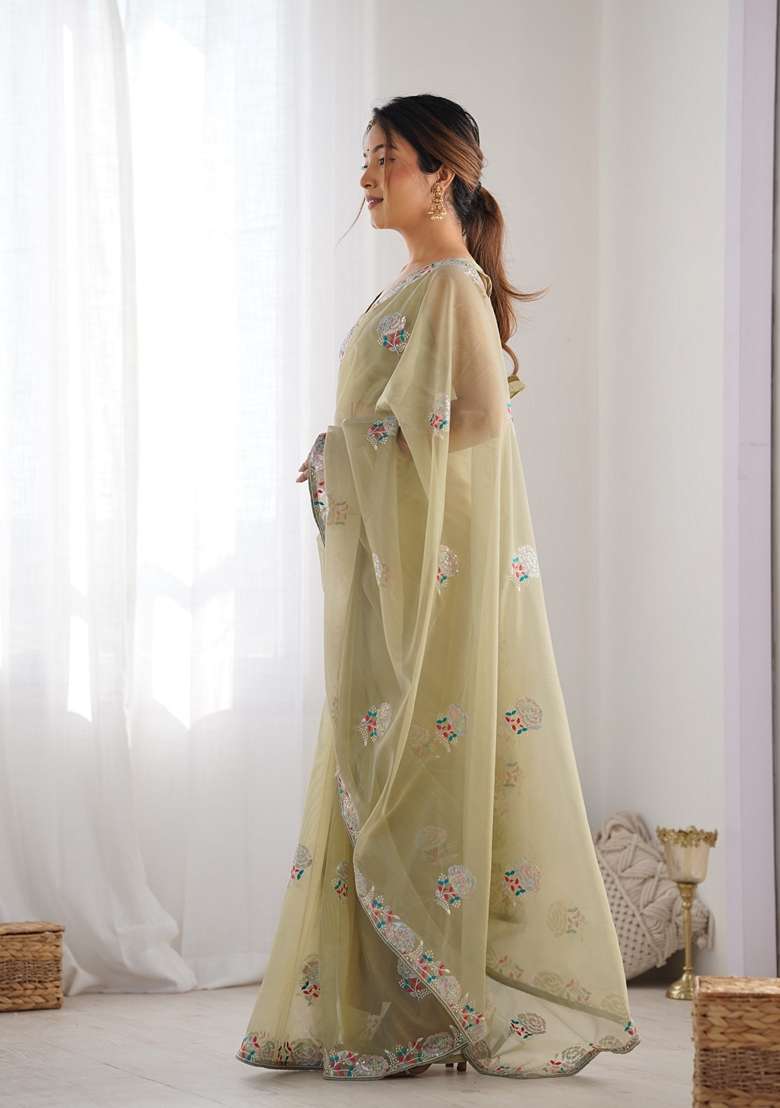 Green Sequin Embroidered Net Saree Set - Indya