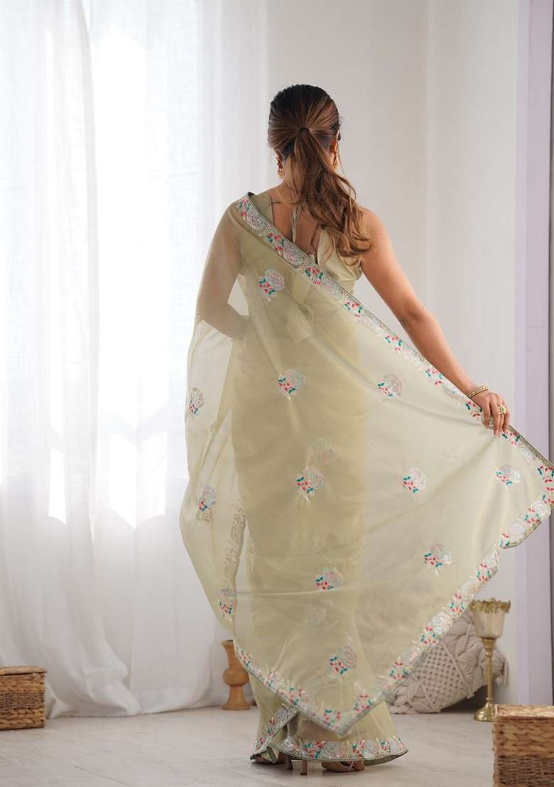 Green Sequin Embroidered Net Saree Set - Indya