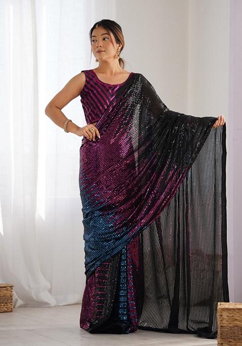 Pink Sequin Embellished Pure Georgette Saree Set