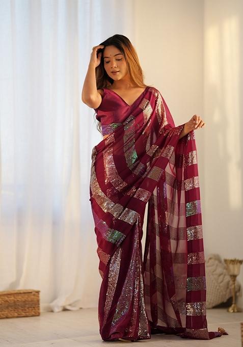 Red Sequin Embellished Pure Georgette Saree Set