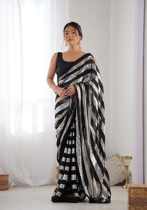 Black Sequin Embellished Pure Georgette Saree Set