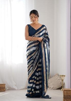 Teal Blue Sequin Embellished Pure Georgette Saree Set