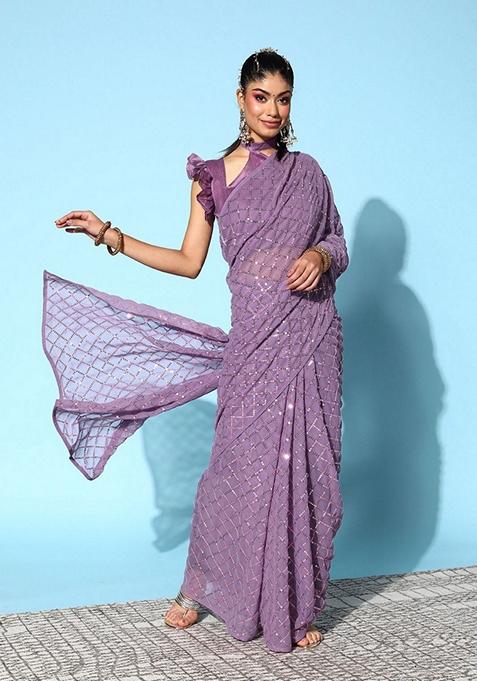 Onion Pink Sequin Embellished Pure Georgette Saree Set