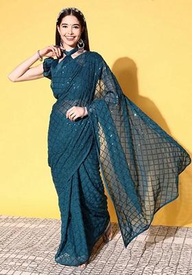 Teal Blue Sequin Embellished Pure Georgette Saree Set