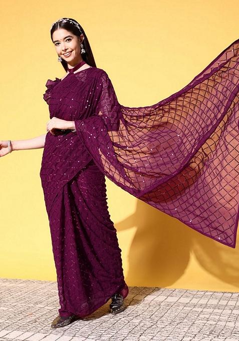 Wine Sequin Embellished Pure Georgette Saree Set