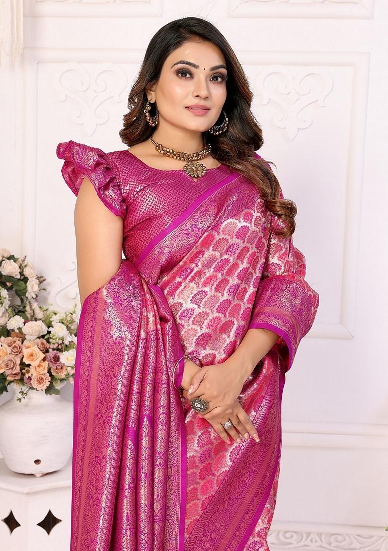 Multicolor Woven Banarasi Silk Saree Set