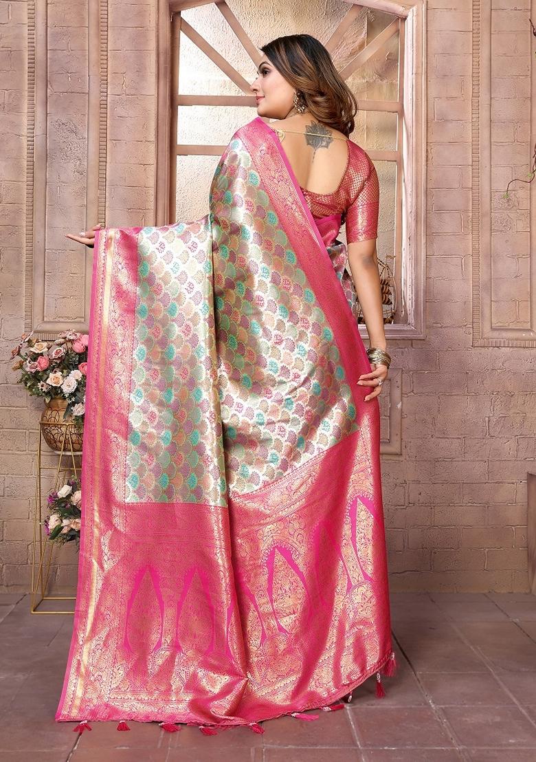 Multicolor Woven Banarasi Silk Saree Set