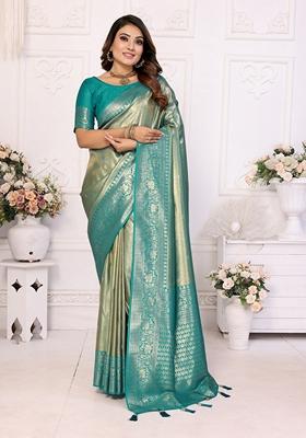 Teal Woven Banarasi Tissue Silk Saree Set