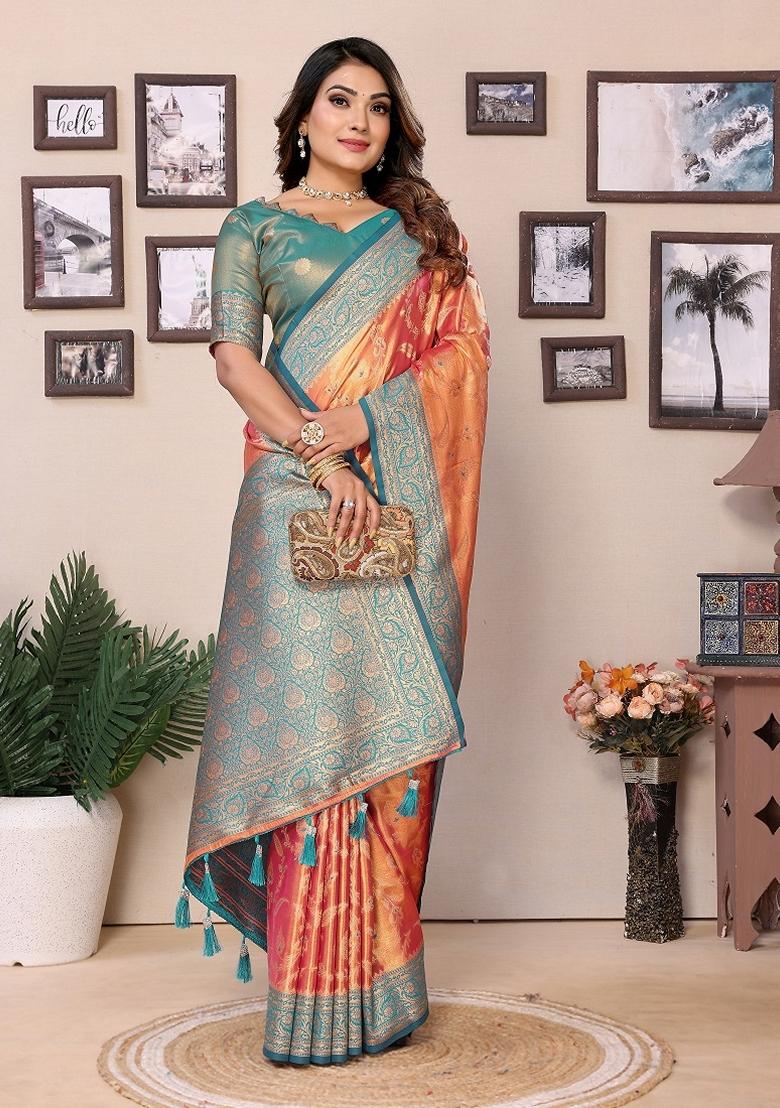 Multicolor Woven Banarasi Tissue Silk Saree Set