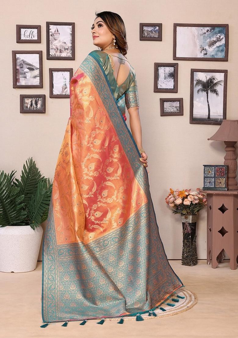 Multicolor Woven Banarasi Tissue Silk Saree Set