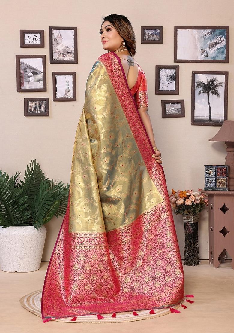 Multicolor Woven Banarasi Tissue Silk Saree Set