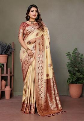 Beige Woven Viscose Silk Saree Set