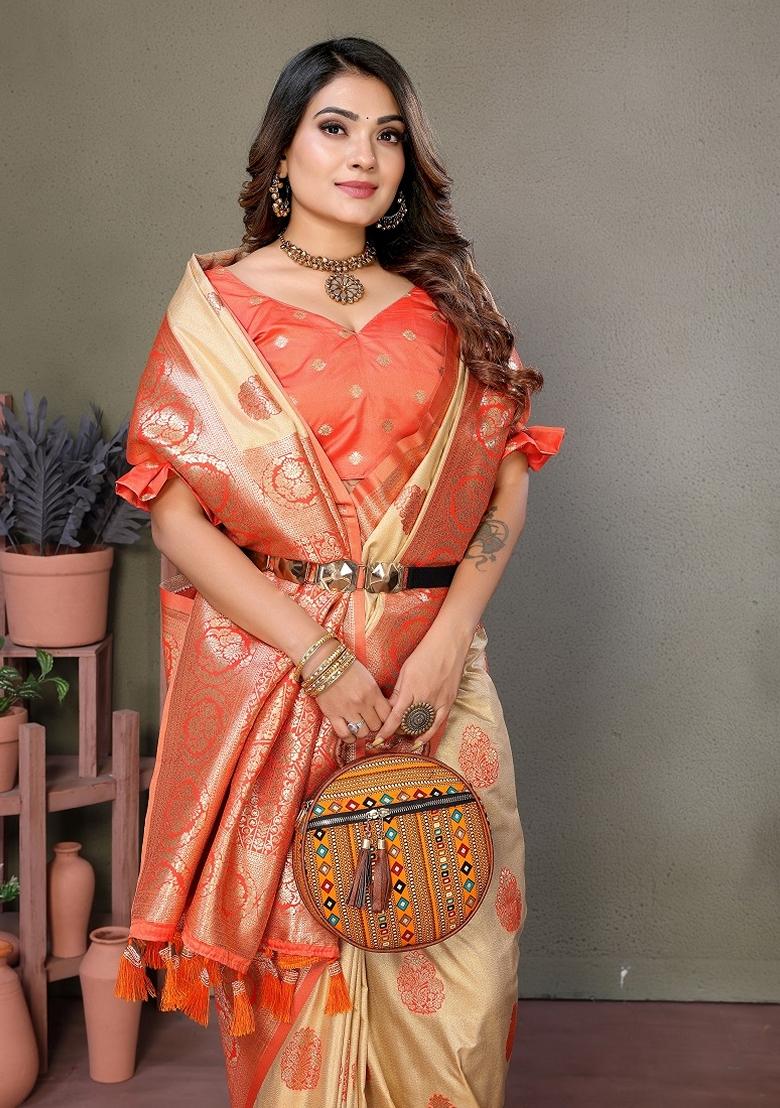 Orange Woven Viscose Silk Saree Set
