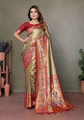 Golden Woven Banarasi Tissue Silk Saree Set