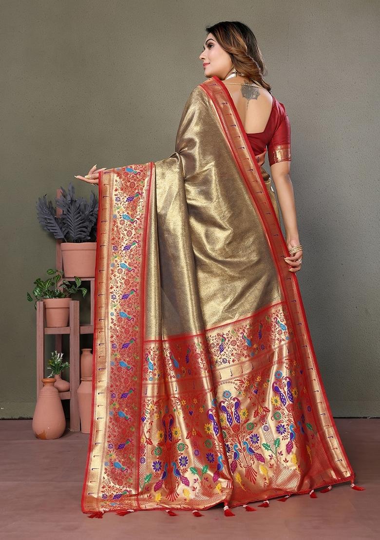 Golden Woven Banarasi Tissue Silk Saree Set