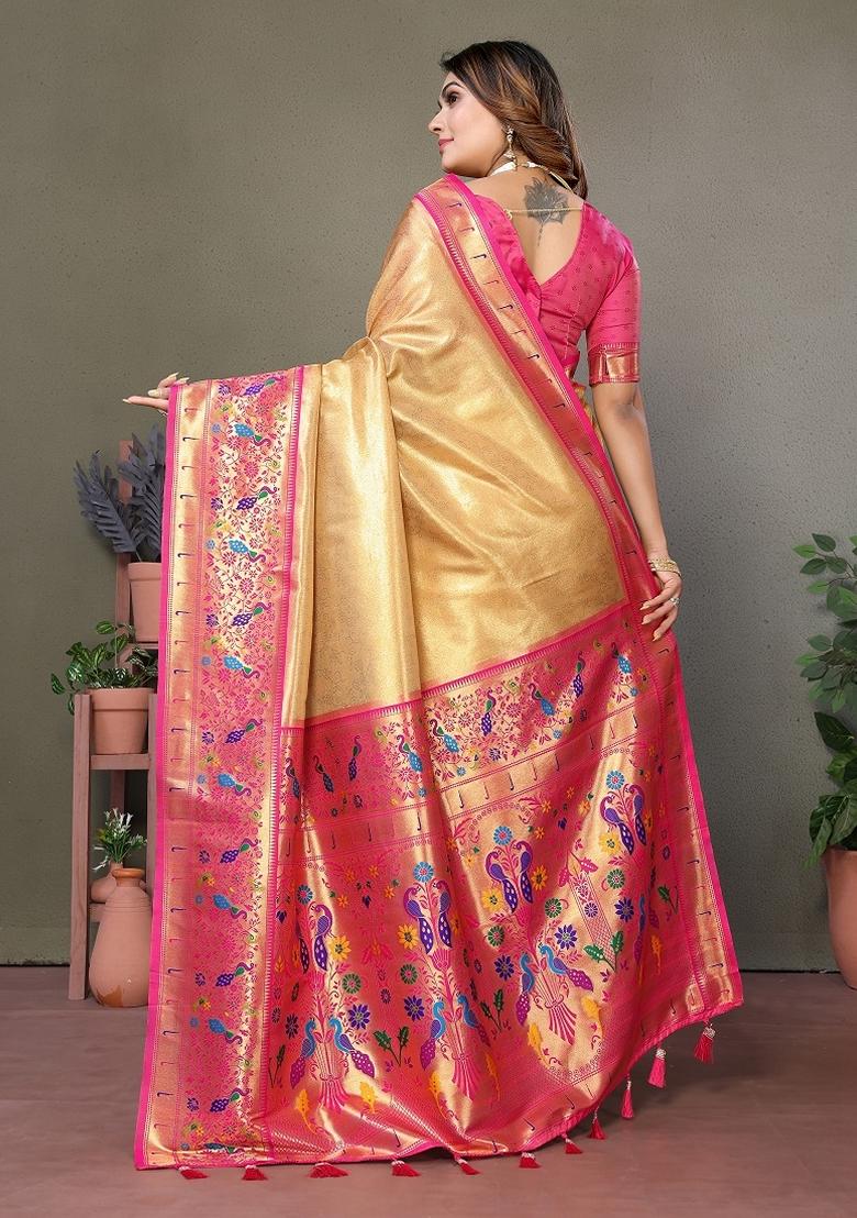 Golden Woven Banarasi Tissue Silk Saree Set
