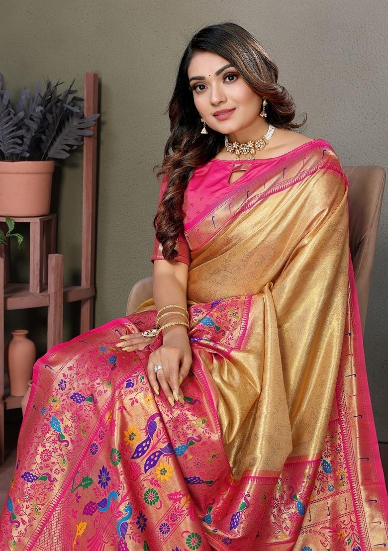 Golden Woven Banarasi Tissue Silk Saree Set