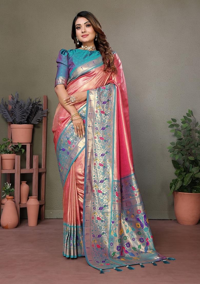 Pink Woven Banarasi Tissue Silk Saree Set