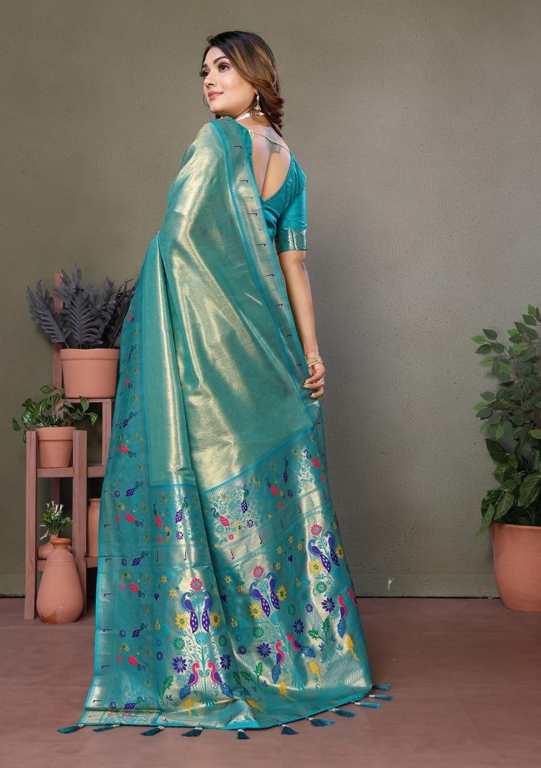 Turquoise Blue Woven Banarasi Tissue Silk Saree Set