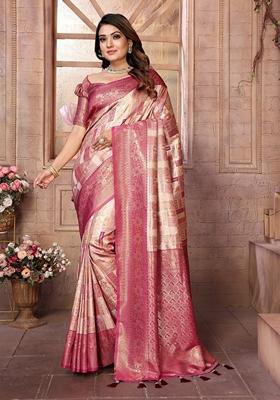 Rani Pink Woven Banarasi Silk Saree Set