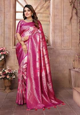 Ruby Pink Woven Banarasi Silk Saree Set