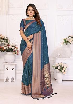 Dark Blue Woven Soft Silk Saree Set
