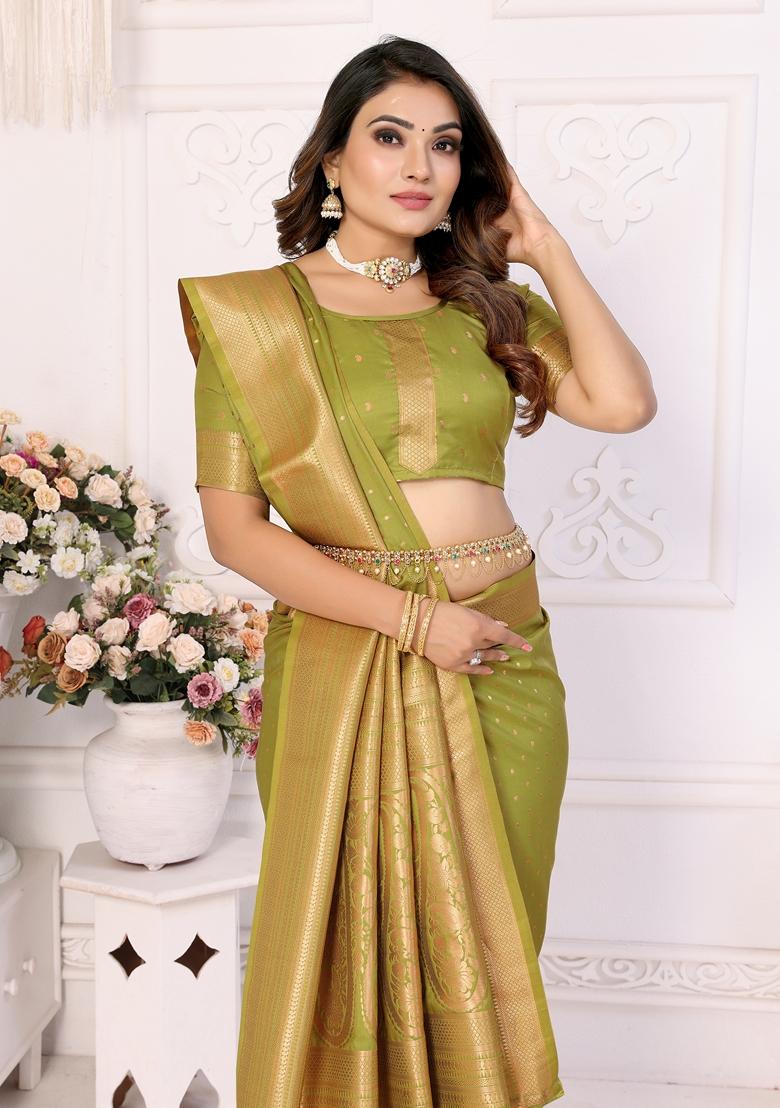 Pista Green Woven Soft Silk Saree Set