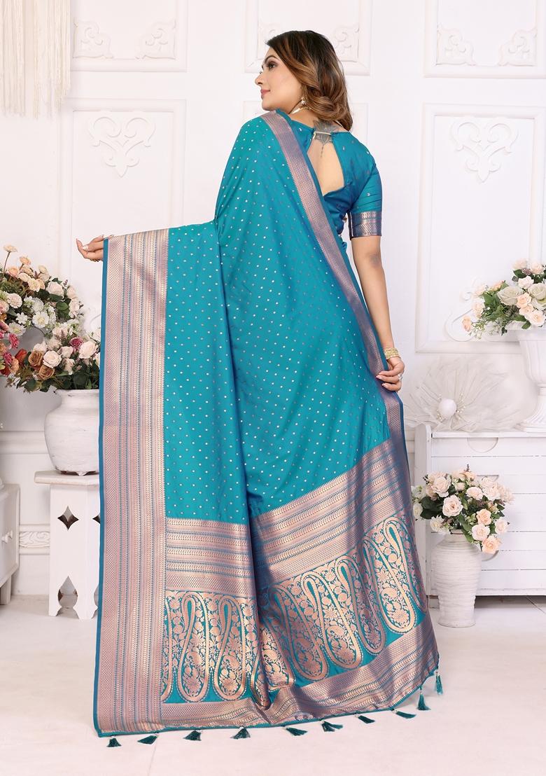Turquoise Blue Woven Soft Silk Saree Set