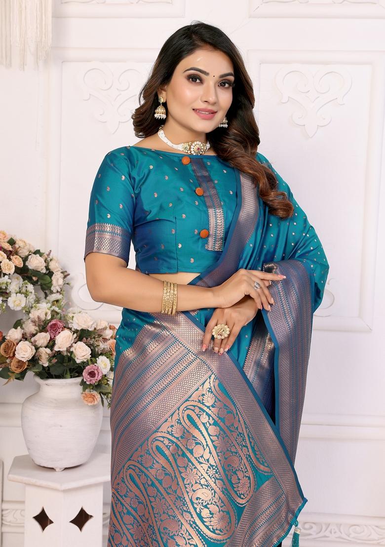 Turquoise Blue Woven Soft Silk Saree Set