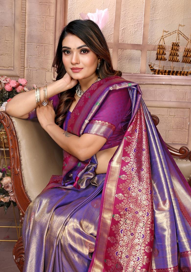 Purple Woven Tissue Silk Saree Set