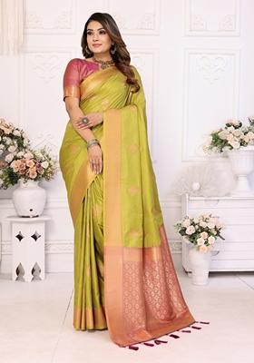 Pista Green Woven Soft Silk Saree Set