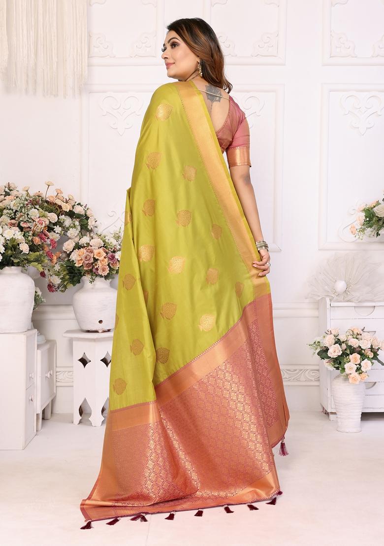 Pista Green Woven Soft Silk Saree Set