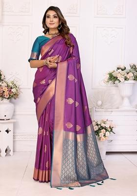 Purple Woven Soft Silk Saree Set