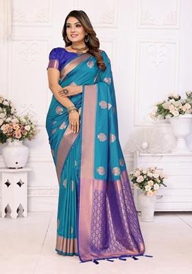 Turquoise Blue Woven Soft Silk Saree Set
