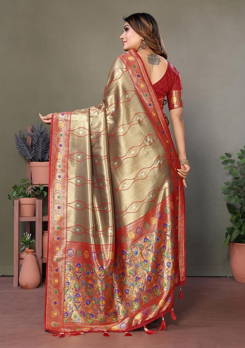 Golden Woven Tissue Silk Saree Set