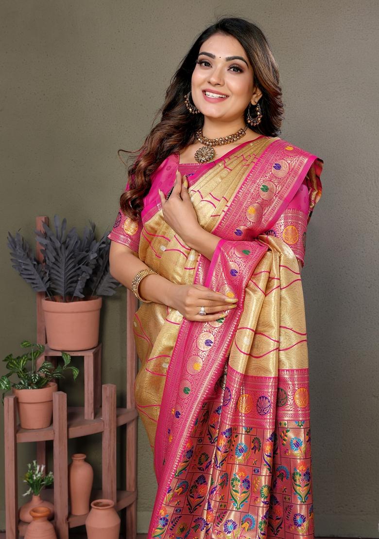 Golden And Pink Woven Tissue Silk Saree Set